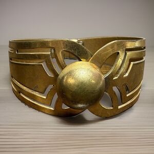 Vintage Brass Art Deco Hinged Cuff Bracelet Cut Out Geometric Central Sphere